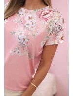 Dámská bavlněná blůza s krátkým rukávem a květinovým potiskem světle růžová