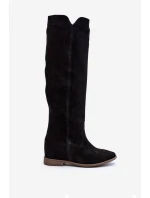Zazoo 3407 Zamszové Kozáky po Kolena na Ploché Podrážce Černé