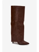 Zateplené Kozačky Na Jehlovém Podpatku S Otočeným Svrškem Čokoládové Tamonia