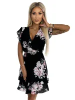 468-2 PATRIZIA šaty s obálkovým výstřihem, páskem a krátkými rukávy - ČERNÁ S RŮŽEMI 468-2 PATRIZIA šaty s obálkovým výstřihem, páskem a krátkými rukávy - ČERNÁ S RŮŽEMI