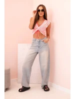 Dámská pruhovaná blůza s nařasením a volánky neonově růžová