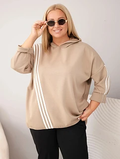 Dámská plus size mikina s kapucí a ozdobnými pásky z viskózy camelová