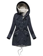 Tmavě modrá dámská bunda typu parka s mechovitou kožešinovou podšívkou a s kapucí (7602BIG)