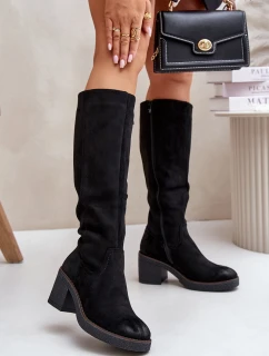 Zateplené kozačky na podpatku eko semišové nad koleno černé Leamirael