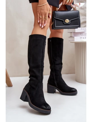 Zateplené kozačky na podpatku eko semišové nad koleno černé Leamirael