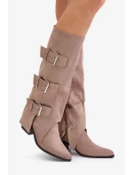 Kozačky Na Podpatku S Ohnutou Holení A Přezkami Béžové Vamissa