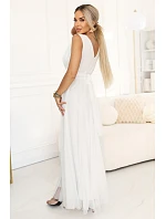 637-8 Dlouhé maxi šaty s brokátovým akcentem a hlubokým výstřihem - ecru barva