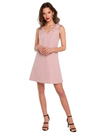 K128 Jednobarevné šaty áčkového střihu s mašlí - krepová růžová