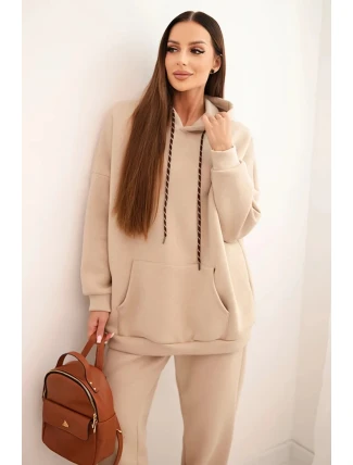 Dámský teplákový komplet zateplený z bavlny s kapucí béžový