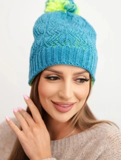 Dámská zimní čepice s vlnou v ozdobném pletení s bambulí K467 džínová