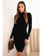 Dámská viskózová pruhovaná šaty s dlouhým rukávem a stojáčkem černá