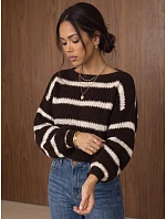 Dámský oversize svetr s pruhy a nastavitelným pasem, hnědý, FashionStreet MY2613 Dámský oversize svetr s pruhy a nastavitelným pasem, hnědý, FashionStreet MY2613