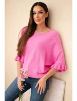 Dámský svetr typu netopýr s kulatým výstřihem růžový