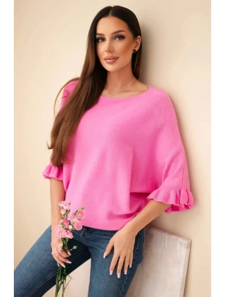 Dámský svetr typu netopýr s kulatým výstřihem růžový
