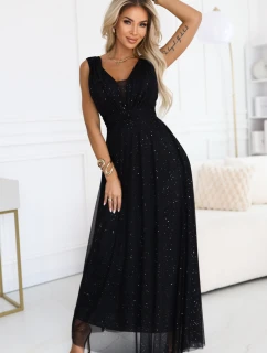 637-2 Večerní dlouhé šaty s brokátovým akcentem a hlubokým výstřihem - černé