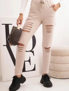 Dámské kalhoty z bavlny s roztržením a gumou v pase béžové