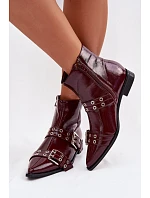 Lakované dámské kotníkové boty na plochém podpatku s pásky a přezkami Bordó Hamira
