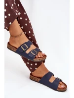 Dámské pantofle na korkové platformě s přezkami – tmavě modré