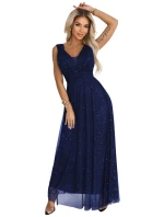 637-3 Večerní dlouhé šaty s brokátovým akcentem a hlubokým výstřihem - tmavě modré 637-3 Večerní dlouhé šaty s brokátovým akcentem a hlubokým výstřihem - tmavě modré