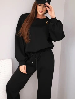Dámský komplet máslová mikina s broží a kalhoty s rovnými nohavicemi černý