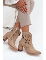 Semišové perforované dámské kotníkové boty na podpatek Zazoo 3647 béžové