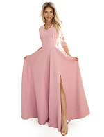Dámské dlouhé krajkové šaty 309-13 AMBER pudrově růžové - Numoco