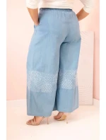 Dámské kalhoty Plus Size se širokými nohavicemi a etnickou výšivkou světle džínové