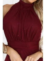 636-1 VERONICA luxusní dlouhé šaty s brokátovým akcentem a elegantní linií - vínová barva