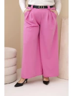 Dámské kalhoty Plus Size viskózové s širokým nohavicí a páskem růžové