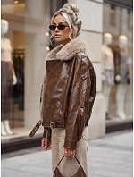 Dámská zimní bunda z ekokůže s kožešinou, hnědá, FashionStreet TY5708
