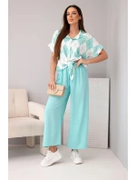 Komplet dámský viskózový košile s vázáním a kalhoty s gumou mátová