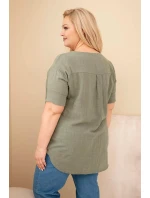 Dámská bavlněná halenka Plus Size s výstřihem na knoflíky khaki