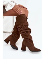 Vlnité kozačky z pravé semišové kůže na podpatku vyhřívané Zazoo 4228 hnědé