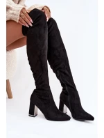Dámské kozačky z eko-semiše nad kolena na sloupku – černé Thamine