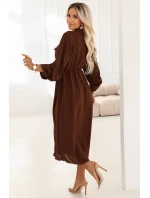 651-1 Šaty midi s knoflíky a páskem - čokoládové