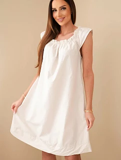 Dámské bavlněné šaty s nařaseným výstřihem a volánkem béžová