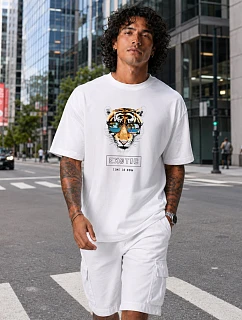 Pánské tričko oversize s tygřím potiskem bílé FashionStreet NX1011R