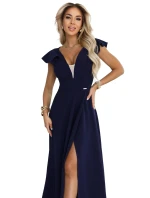 660-1 Elegantní maxi šaty s volánky, hlubokým výstřihem a rozparkem na nohou - tmavě modré