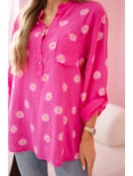 Lněná dámská halenka s květinovým vzorem, dlouhými rukávy a knoflíky Růžová