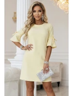 217-12 NEVA Dámské trapézové šaty s vázáním na rukávech - pastelově žluté 217-12 NEVA Dámské trapézové šaty s vázáním na rukávech - pastelově žluté