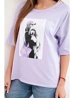 Dámská bavlněná oversize halenka s krátkým rukávem a módním potiskem světle fialová