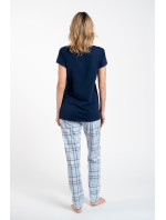 Glamour dámské pyžamo, krátký rukáv, dlouhé kalhoty - tmavě modrá/potisk
