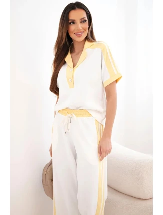 Dámský komplet máslový s polo mikinou a širokými kalhotami žlutý