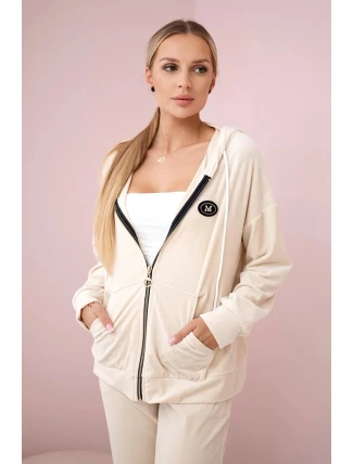 Velurový komplet mikina s kapucí + kalhoty světle béžová