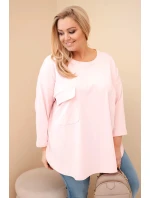 Dámská blůza Plus Size s bavlnou, kapsou a ohrnutým rukávem pudrově růžová Dámská blůza Plus Size s bavlnou, kapsou a ohrnutým rukávem pudrově růžová