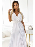 585-1 Plisované letní midi šaty s výstřihem a širokým páskem - ECRU