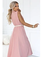 596-6 Elegantní midi košile se zlatými knoflíky a páskem – pudrově růžová