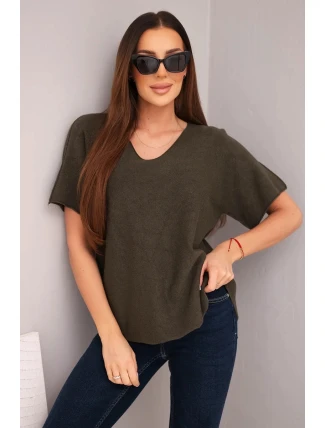 Dámská svetr s krátkým rukávem a výstřihem do V khaki