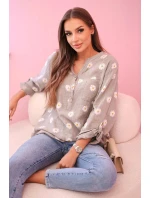 Lněná dámská halenka s květinovým vzorem, dlouhými rukávy a knoflíky kapučíno