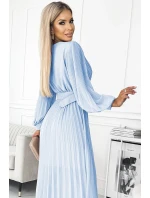 414-10 KLARA plisované šaty s páskem a výstřihem - MODRÉ